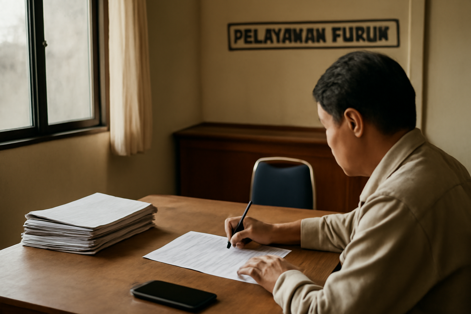 Seseorang mengisi formulir pengaduan layanan publik di kantor pemerintah daerah