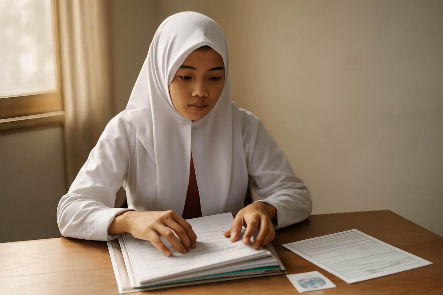 Pelajar menyiapkan berkas dokumen pendaftaran beasiswa di atas meja
